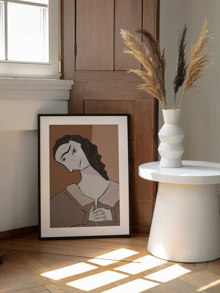 Pensive Woman Portrait, arte de Sharyn Bursic enmarcado en una pared