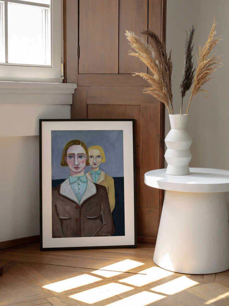 Vintage Folk Portraits, arte de Sharyn Bursic enmarcado en una pared
