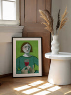 Pensive Woman Green Gaze, arte de Sharyn Bursic enmarcado en una pared