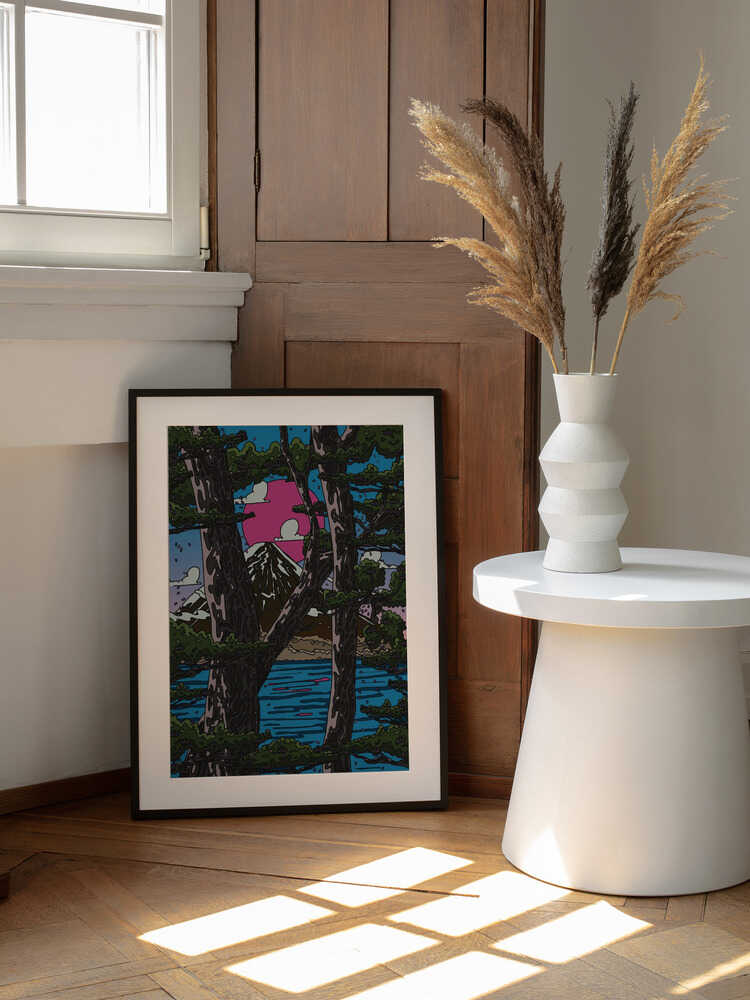 Pink Sun Over Mount Fuji, arte de Nicholas enmarcado en una pared