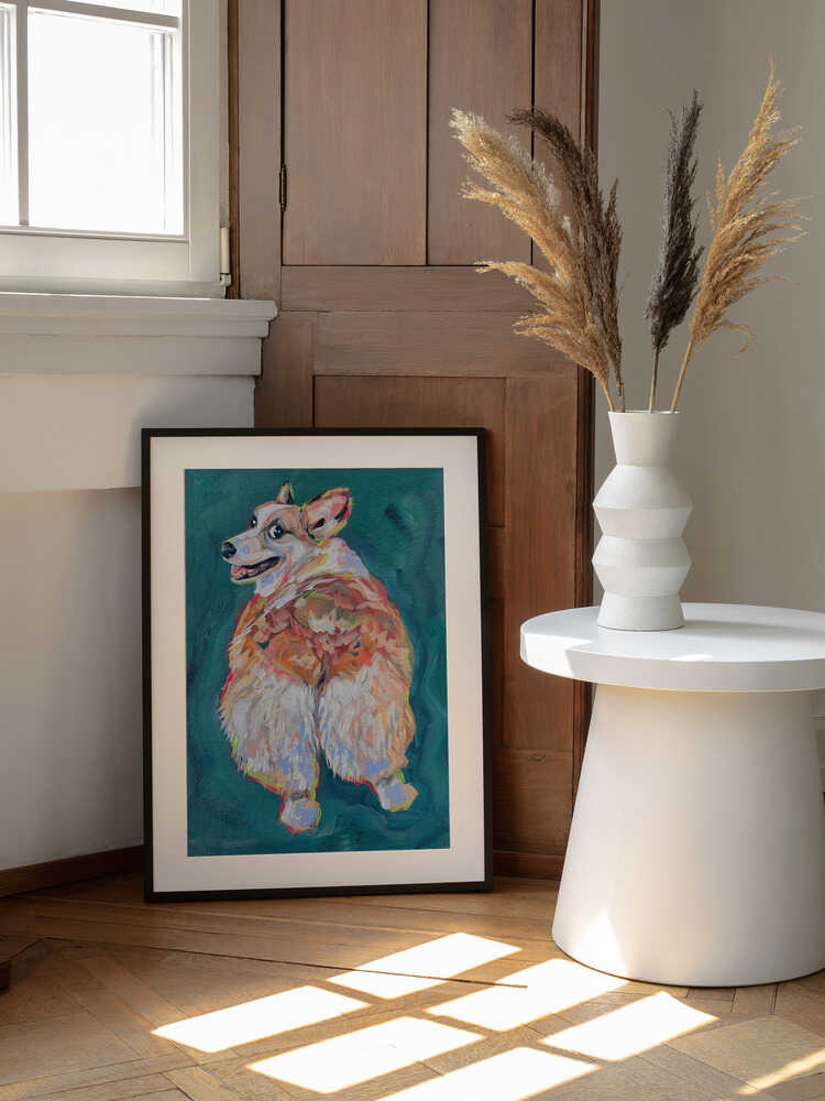 Vibrant Corgi Dog, arte de Pauline Wegman | Key and Sea Creative enmarcado en una pared