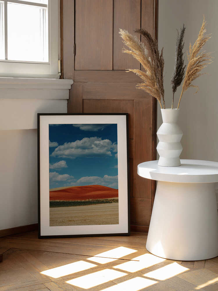Red Field Blue Sky, arte de Javier Pardina enmarcado en una pared