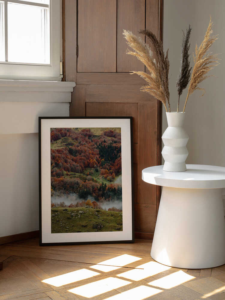 Colorful Autumn Forest Mist, arte de Javier Pardina enmarcado en una pared