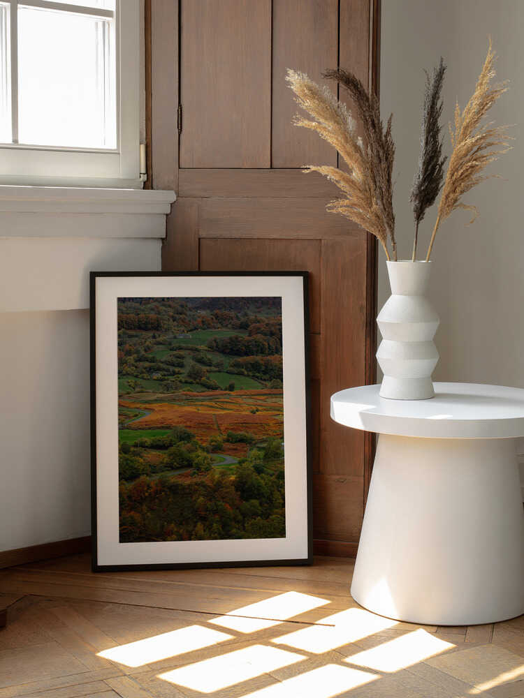 Winding Autumn Road, arte de Javier Pardina enmarcado en una pared