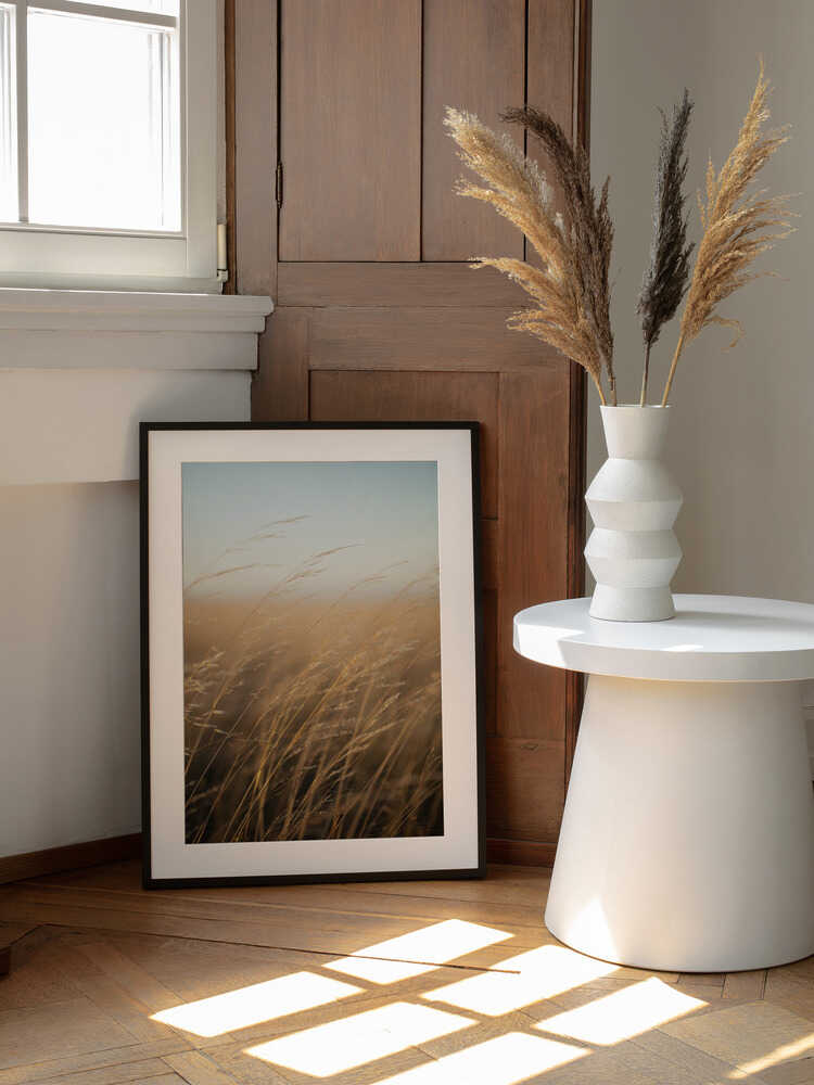 Golden Hour Grass, arte de Javier Pardina enmarcado en una pared