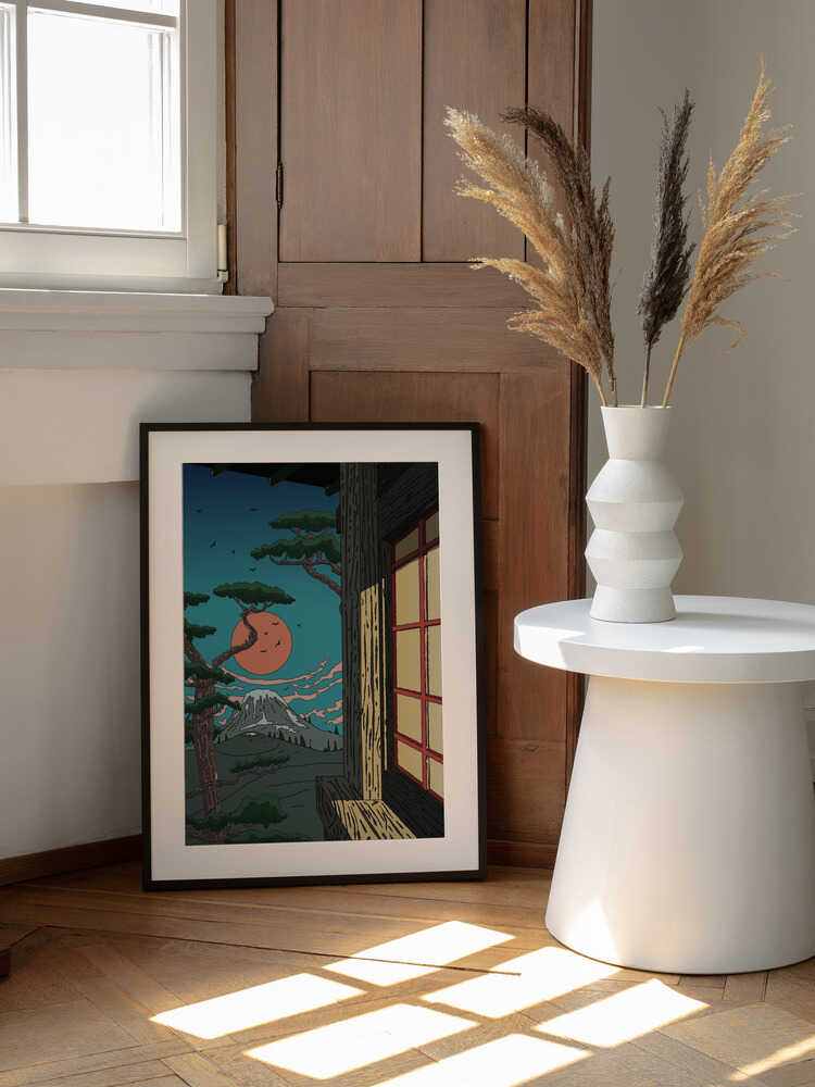 Japanese Mountain Serenity, arte de Nicholas enmarcado en una pared