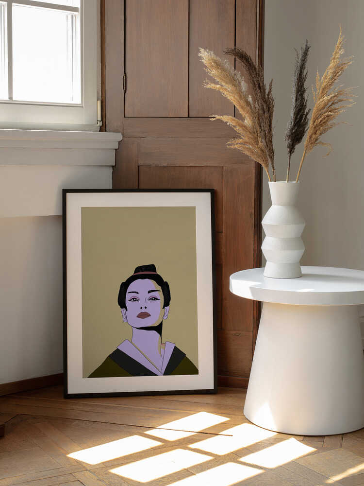 Stylized Geisha Portrait, arte de Nicholas enmarcado en una pared