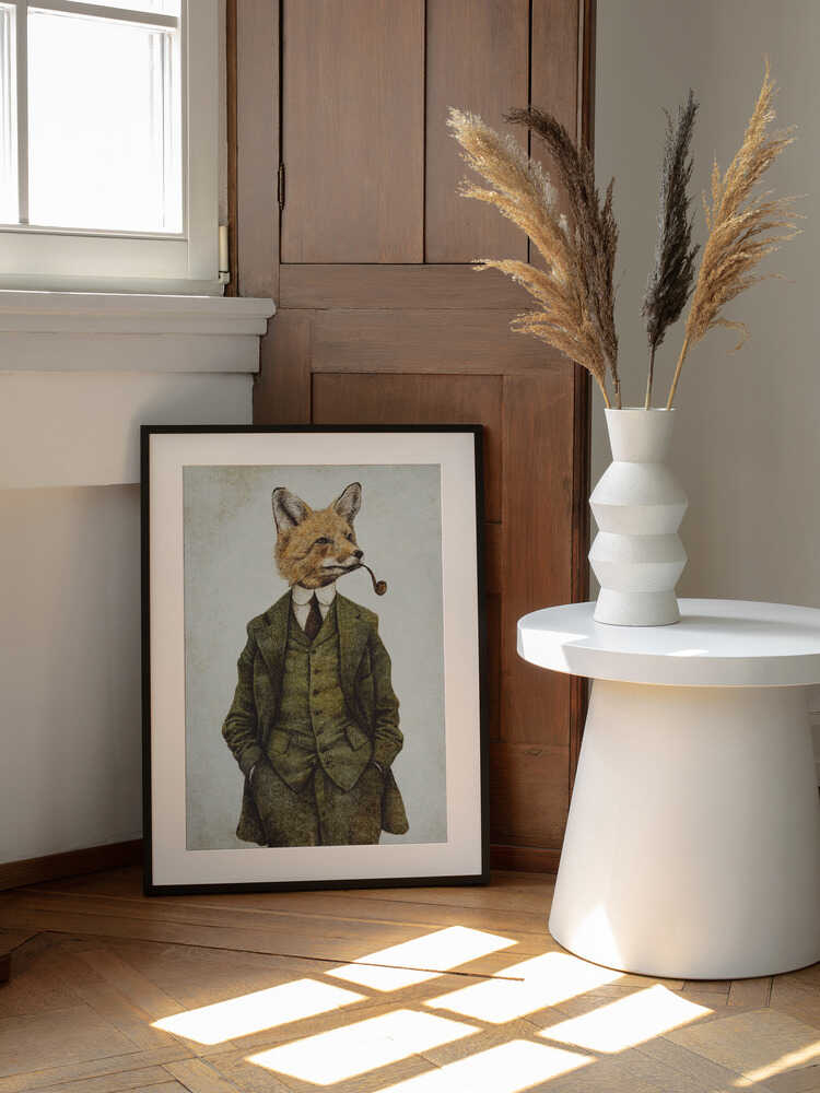 The Vintage Stylish Fox, arte de Mike Koubou enmarcado en una pared