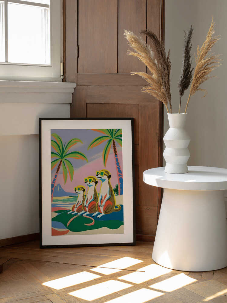 Meerkats Beach Vacation, arte de Uma Gokhale enmarcado en una pared