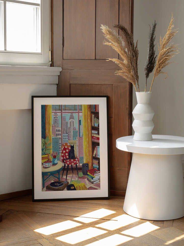 Cat in front of window in New York bright colours, arte de Caroline Bonne Müller enmarcado en una pared