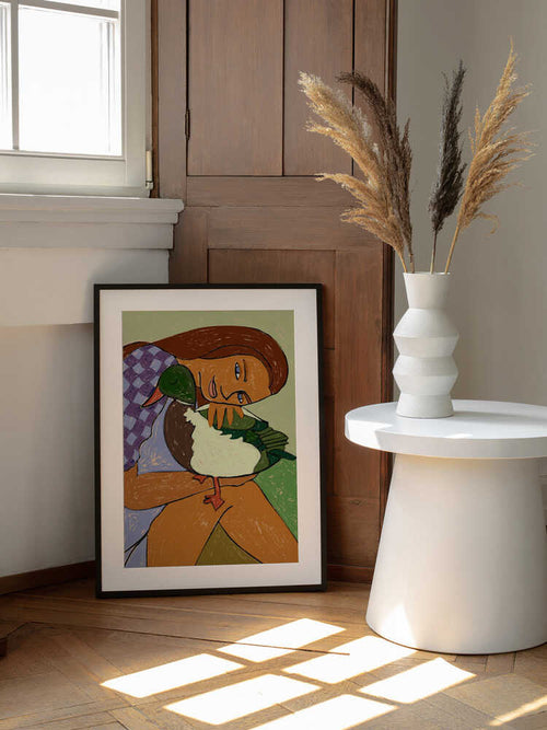 A Gentle Duck Embrace, arte de Uma Gokhale enmarcado en una pared
