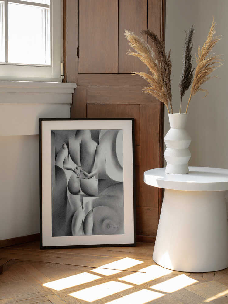 Elegant Geometric Nude, arte de Corné Akkers enmarcado en una pared