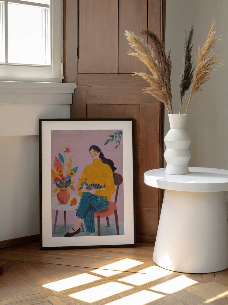 Woman with Cat and Autumn Bouquet, arte de Caroline Bonne Müller enmarcado en una pared