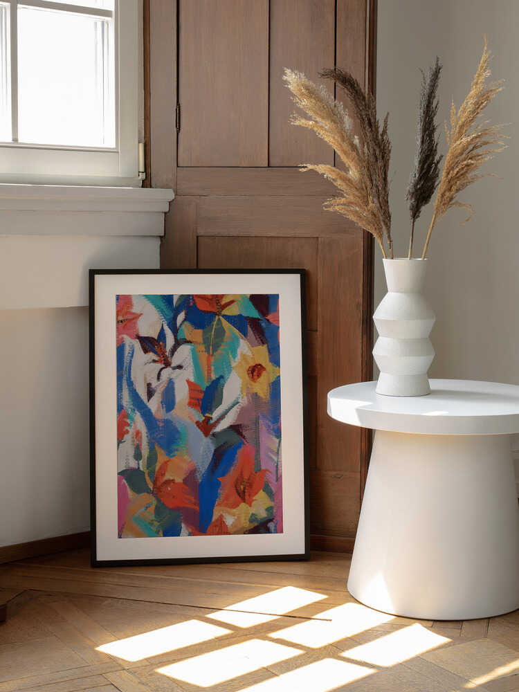 Vibrant Abstract Flowers, arte de Uma Gokhale enmarcado en una pared