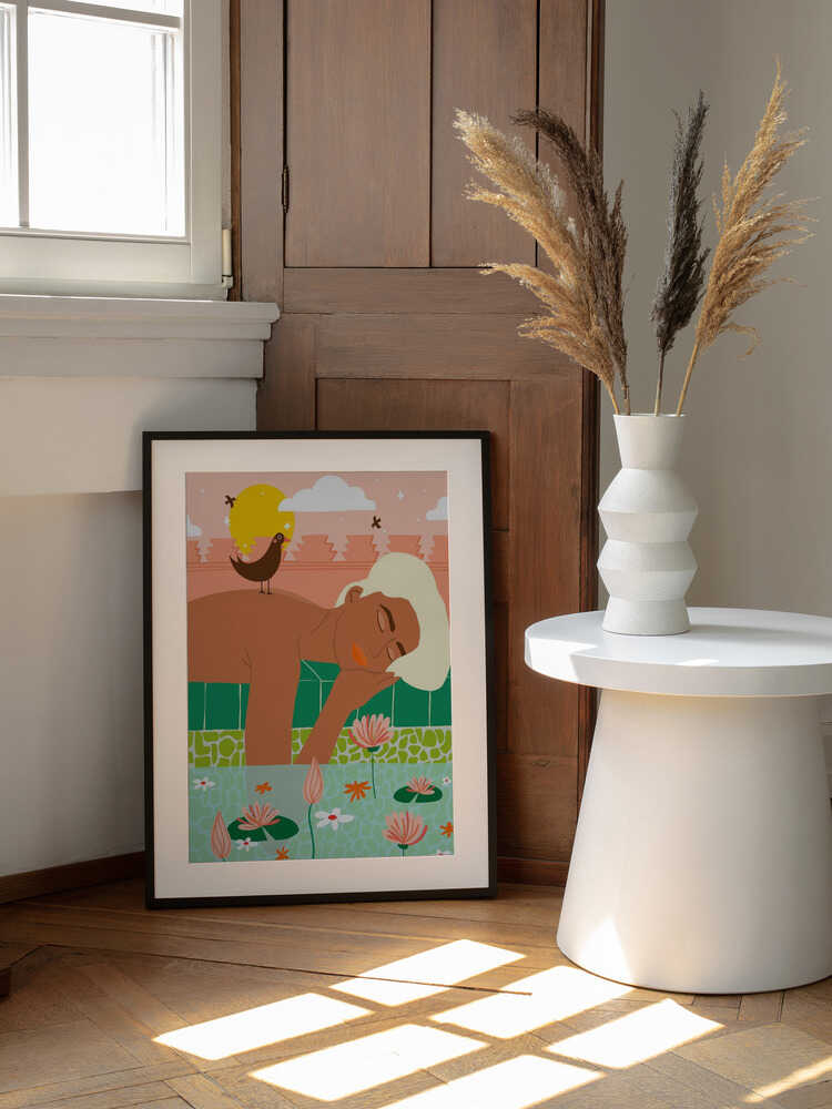 Peaceful Woman Lotus Bath, arte de Uma Gokhale enmarcado en una pared