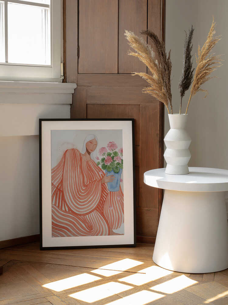 Serene Woman Pink Flowers, arte de Essa Van Reis enmarcado en una pared