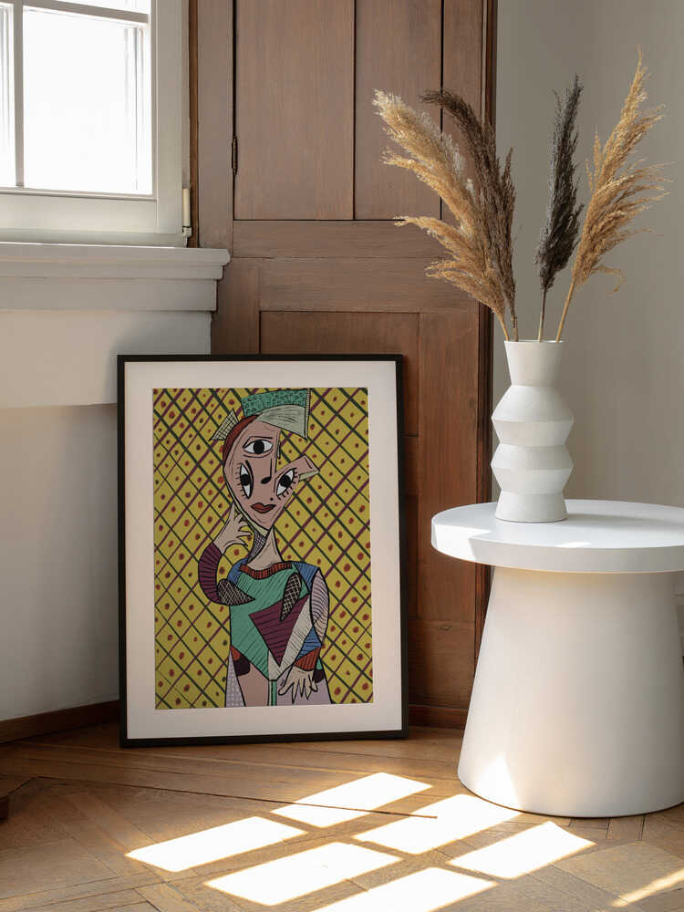 Vibrant Cubist Portrait, arte de GIovanna Gil Alves enmarcado en una pared