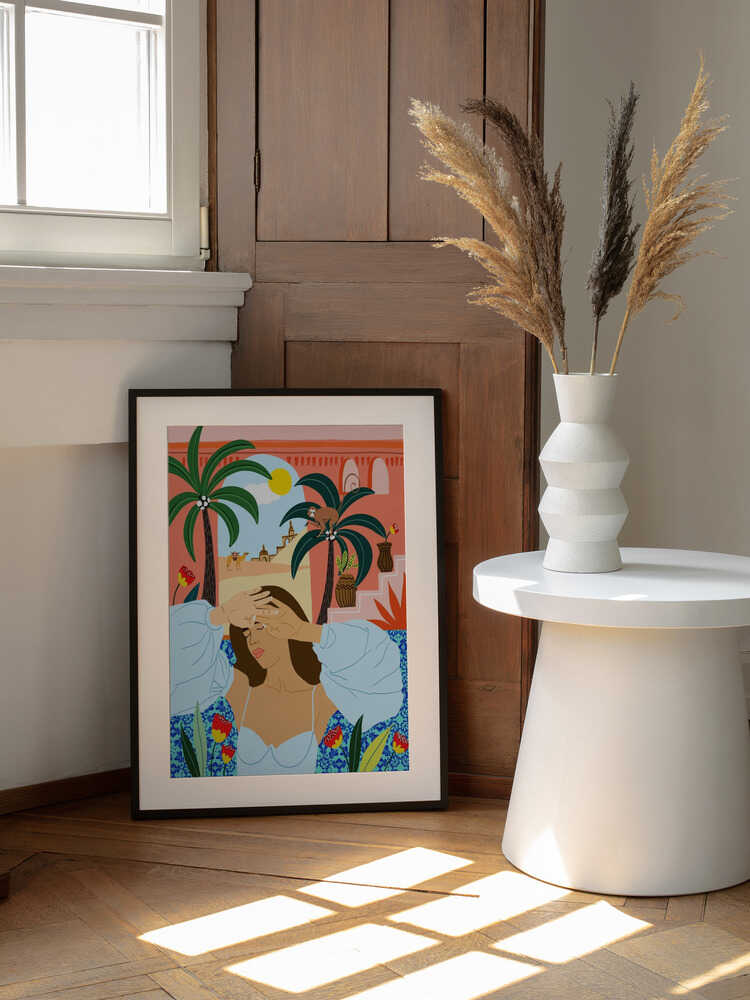 Sunny Desert Dreams, arte de Uma Gokhale enmarcado en una pared