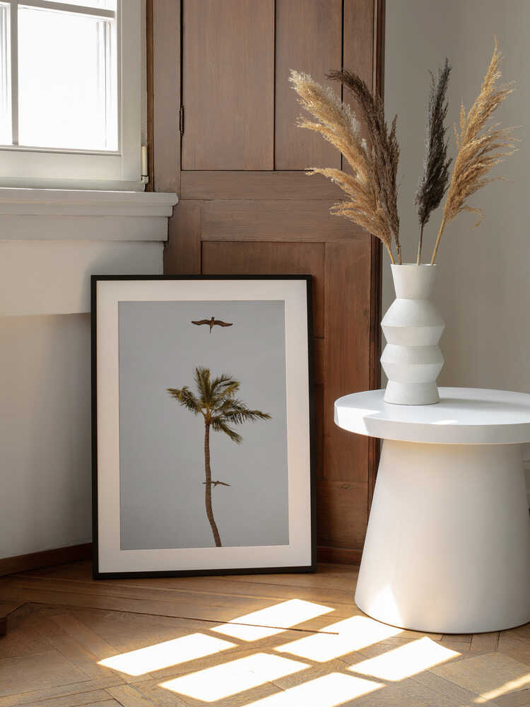 Palm Tree Pelican Flight, arte de Del Mundo Imagery enmarcado en una pared