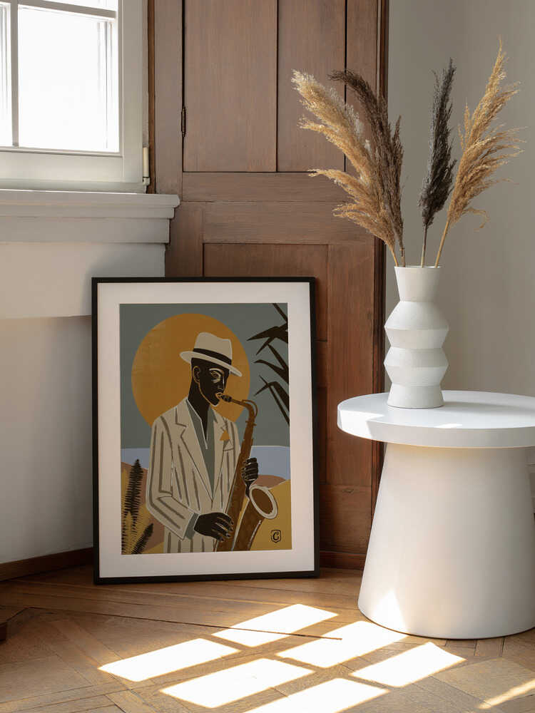 Cool Jazz Sunset, arte de Cannavaro enmarcado en una pared