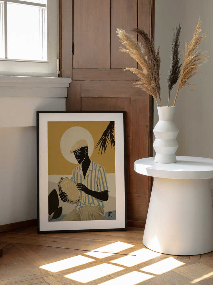 Tropical Tambourine Player, arte de Cannavaro enmarcado en una pared