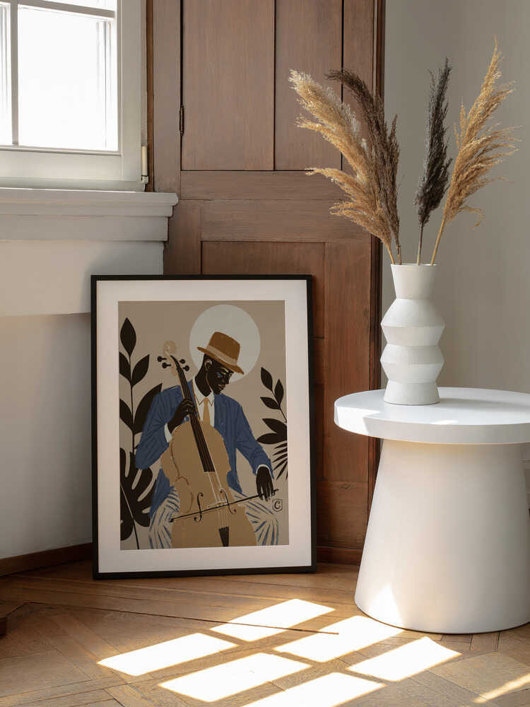 Jazz Cello Player, arte de Cannavaro enmarcado en una pared
